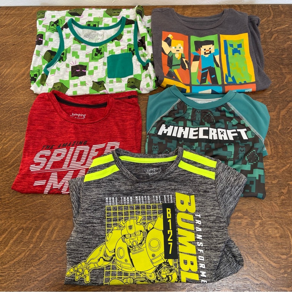 JUMPING BEANS BOYS 7 BUNDLE OF FIVE GRAPHIC BUMBLEBEE MINECRAFT SPIDER-MAN TOPS